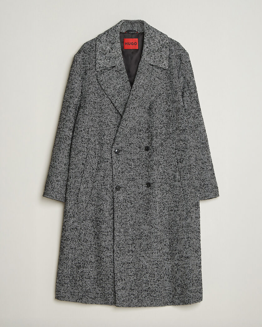 HUGO Milas Herringbone Double Breasted Coat Dark Grey – Grå