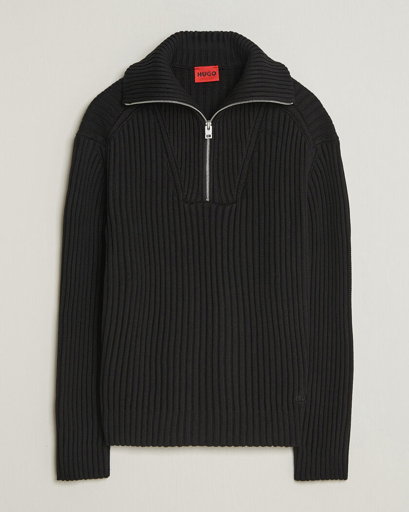 HUGO Srtithon Cotton Knitted Half Zip Black – Sort