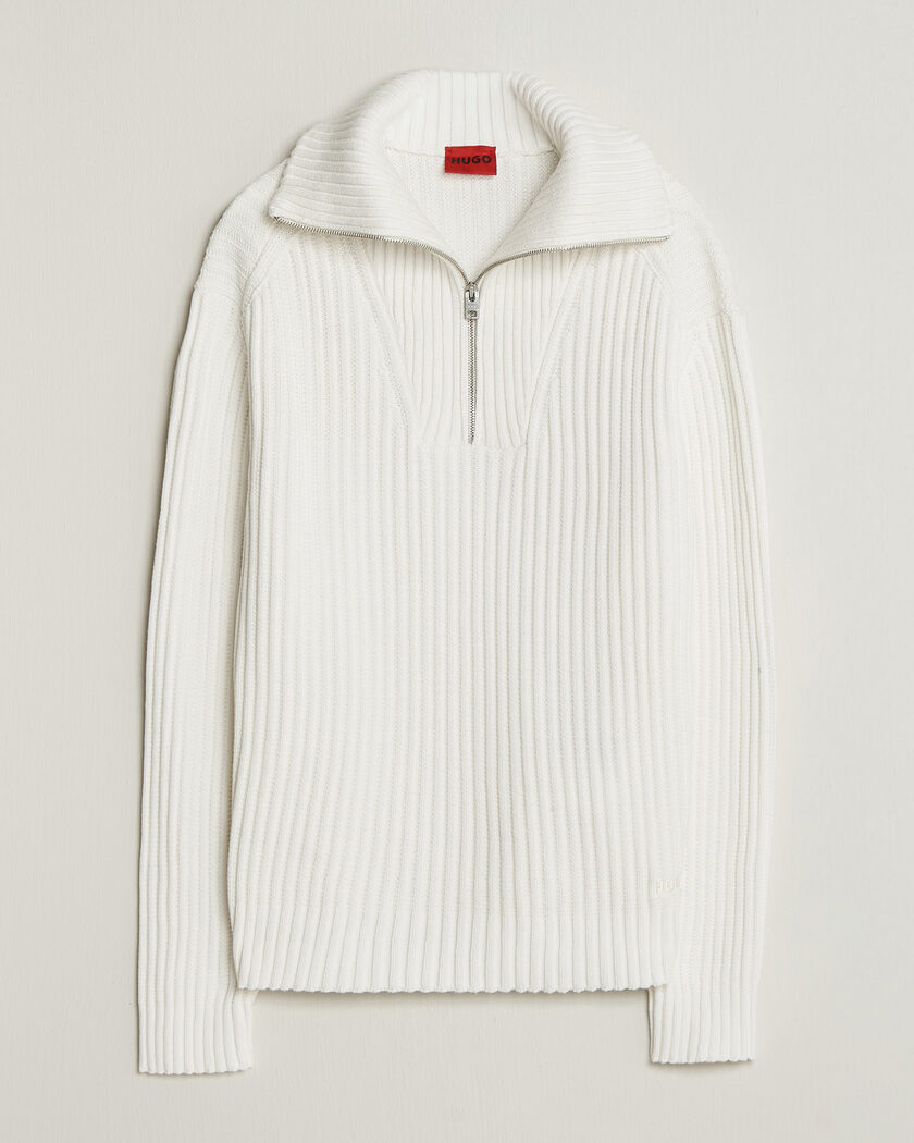 HUGO Srtithon Cotton Knitted Half Zip Natural – Hvid