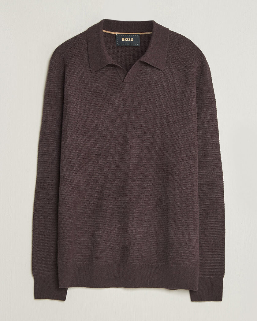 BOSS CAMEL Filo Cashmere Knitted Polo Open Brown – Brun