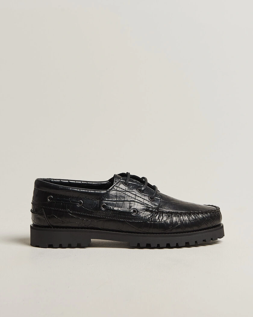 LES DEUX Croco Boat Shoe Black – Sort