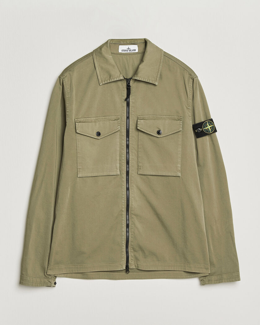 Stone Island Organic Cotton Satin Stretch Zip Overshirt Miltary Green – Grøn