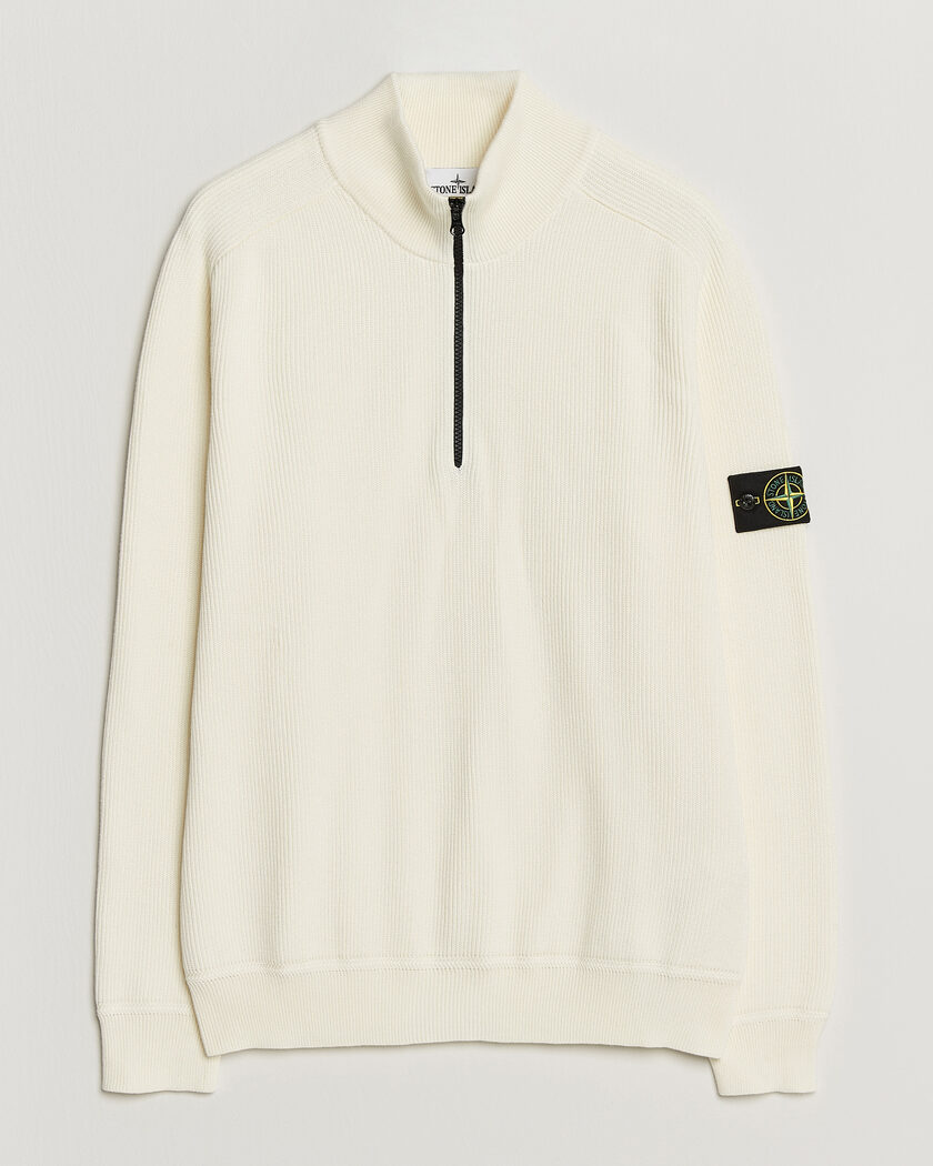 Stone Island Ribbed Soft Organic Cotton Half-Zip Ivory – Hvid