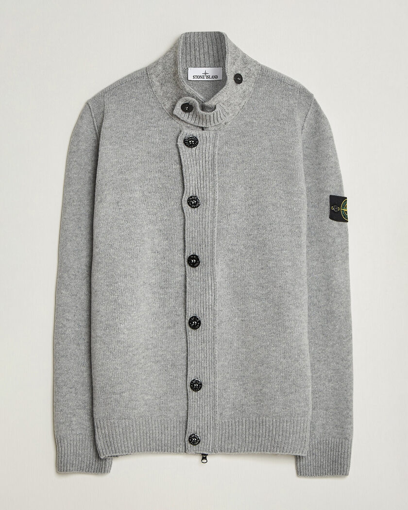Stone Island Knitted Lambswool Zip Button Cardigan Grey Melange – Grå