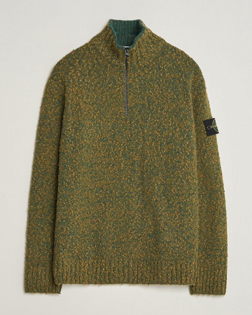 Stone Island Speckled Wool/Nylon Half Zip Dark Green Melange – Grøn