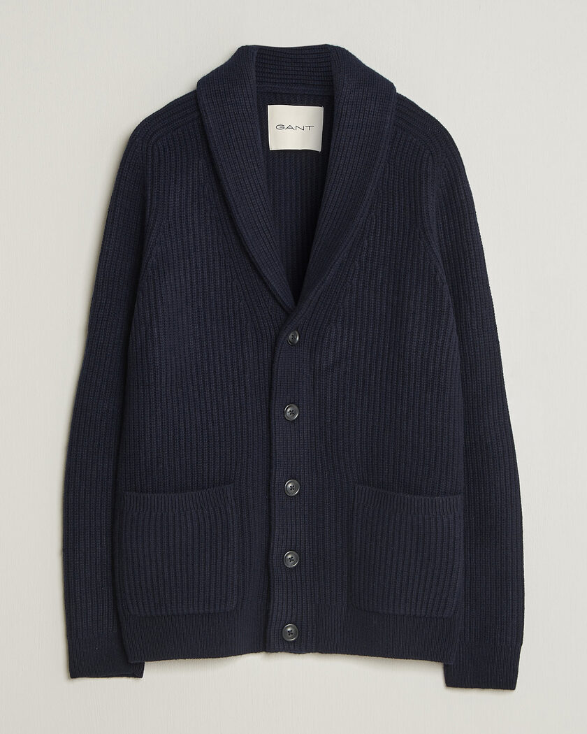 Gant Wool/Cotton Ribbed Shawl Collar Cardigan Evening Blue – Blå