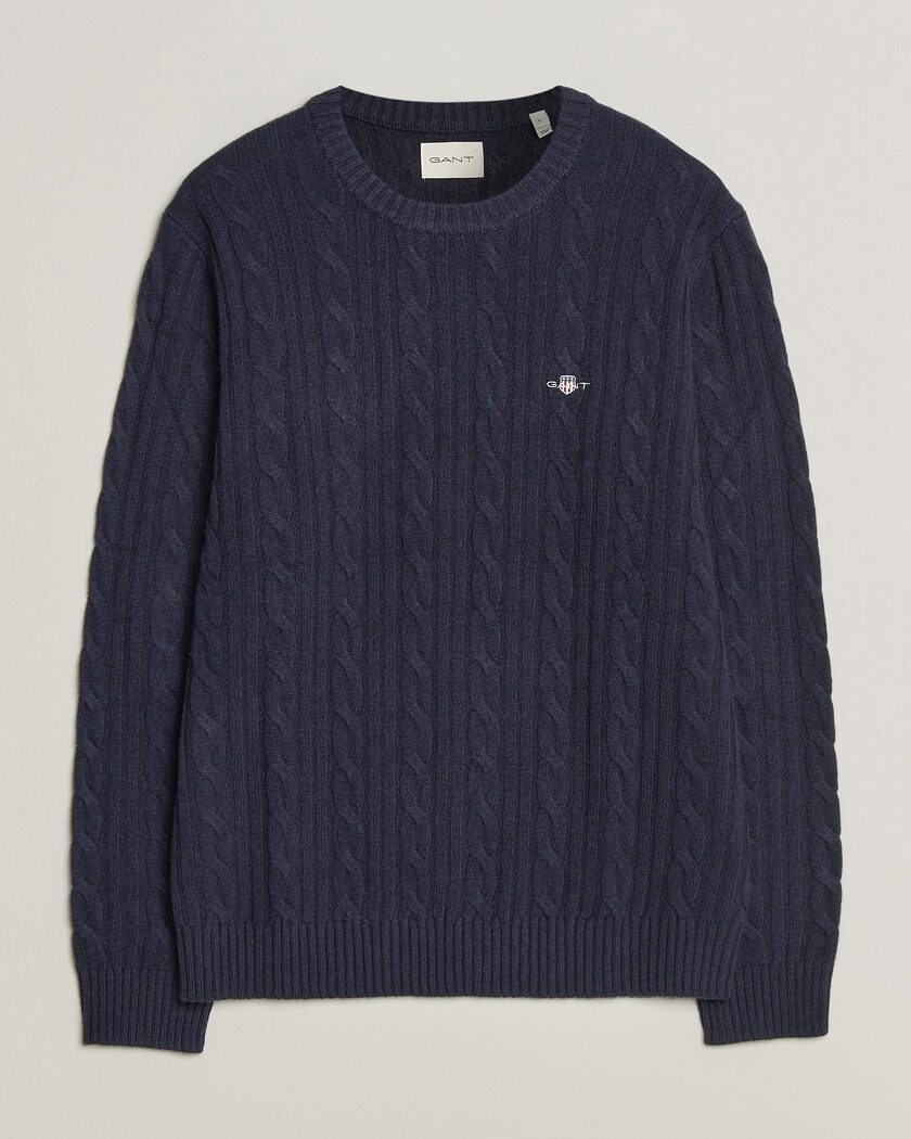 Gant Lambswool Cable Crew Neck Evening Blue – Blå