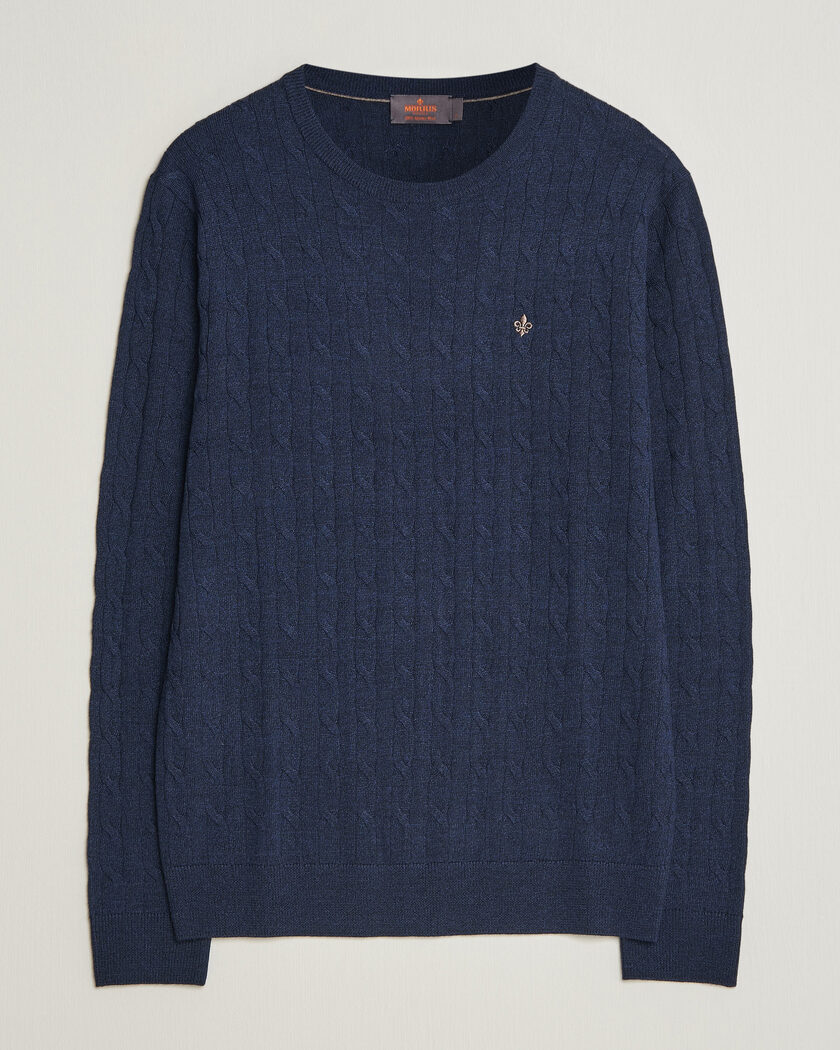 Morris Merino Cable O-Neck Navy – Blå
