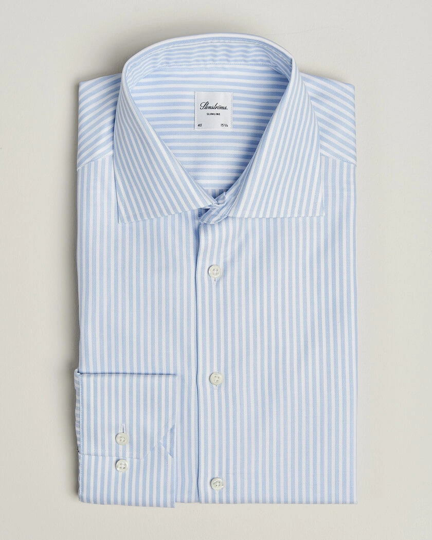 Stenströms Slimline Twofold Cotton Stripe Shirt Light Blue – Blå