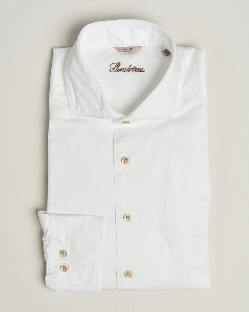 Stenströms Slimline Washed Cotton Twill Cut Away Shirt White – Hvid