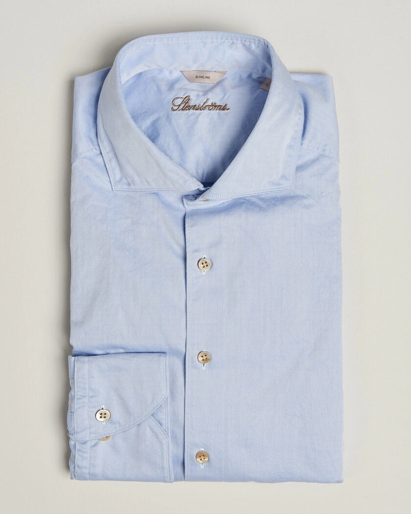 Stenströms Slimline Washed Cotton Twill Cut Away Shirt Blue – Blå