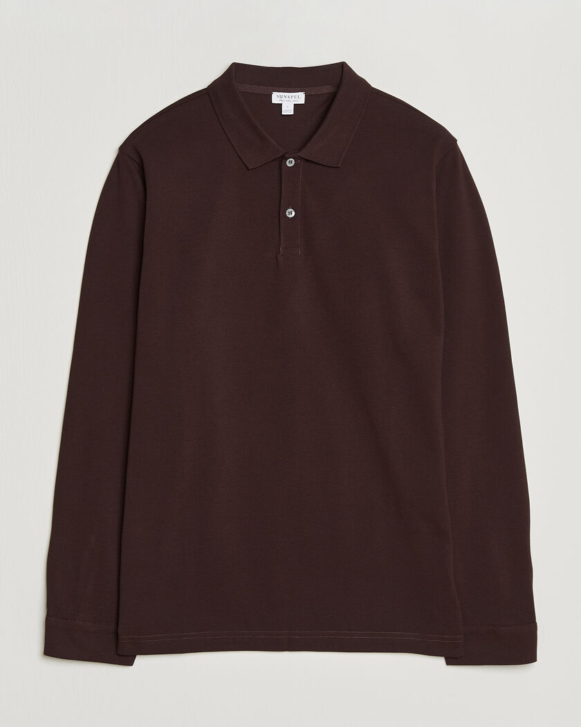 Sunspel Supima Cotton Long Sleeve Pique Polo Dark Brown – Brun