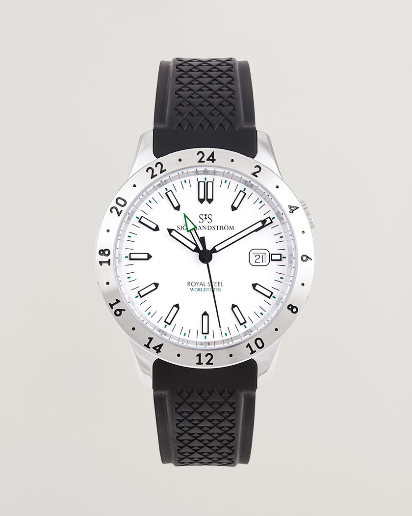 Sjöö Sandström Royal Steel Worldtimer 41mm Black Rubber White Dial – Hvid