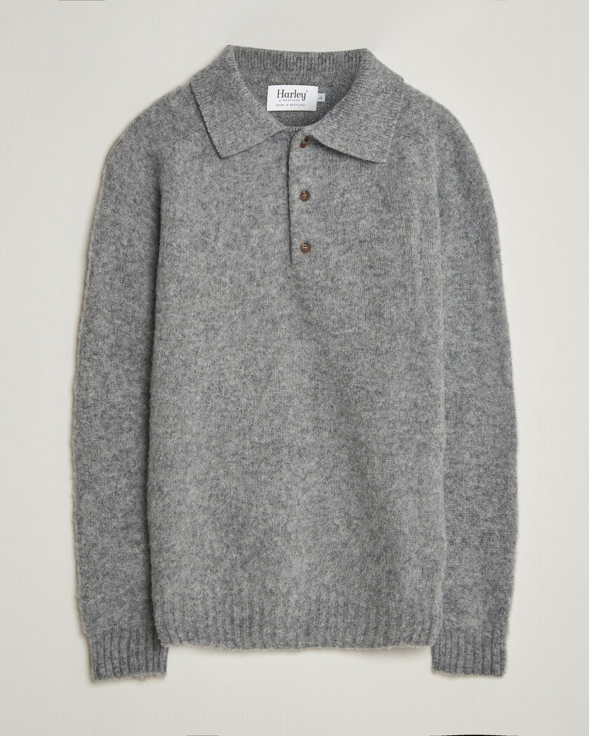 Harley Of Scotland Brushed Supersoft Lambswool Polo Mid Grey – Grå