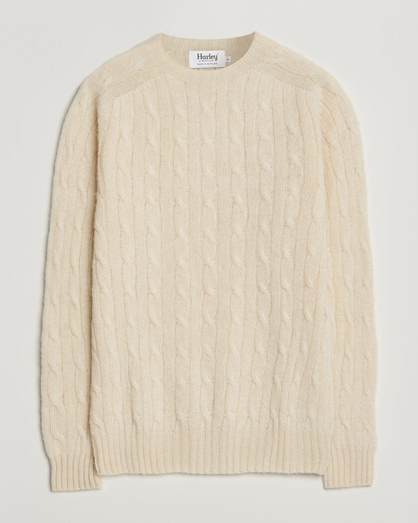 Harley Of Scotland Brushed Supersoft Lambswool Cable Vanilla – Hvid