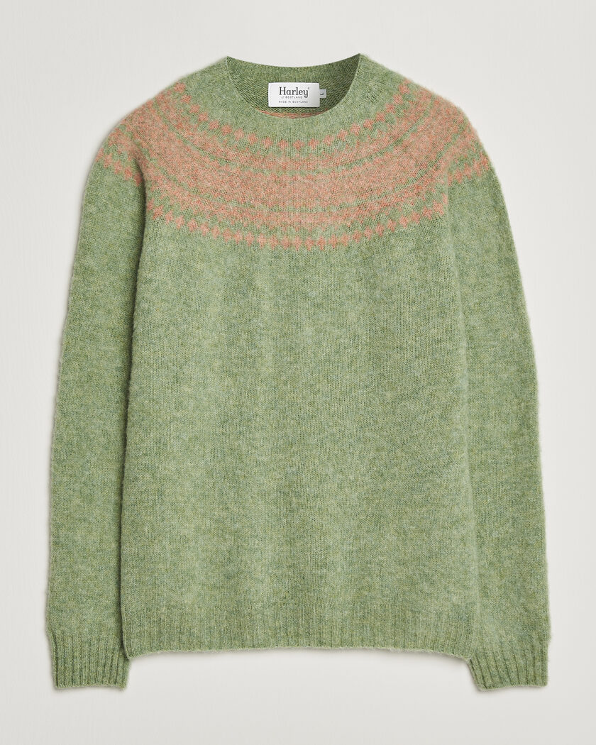 Harley Of Scotland Brushed Supersoft Lambswool Yolk Fairisle Sage/Parfait – Grøn