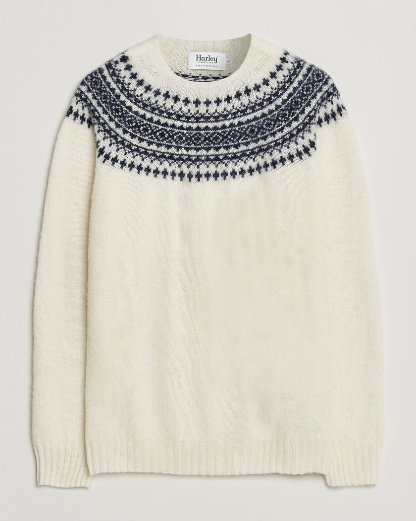  Harley Of Scotland Brushed Supersoft Lambswool Yolk Fairisle Snow White/Navy – Hvid