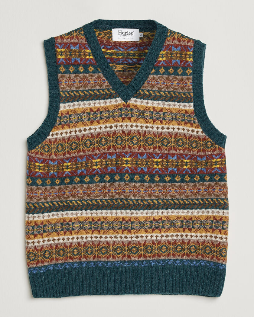 Harley Of Scotland Supersoft 2ply Lambswool Fairisle Vest Tempest – Flerfarvet