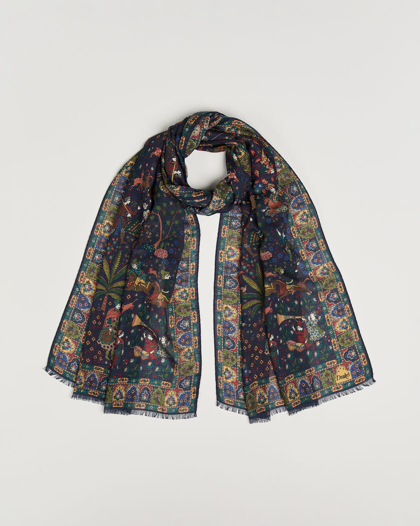 Drake's Mughal Garden Wool/Silk Scarf Navy – Blå