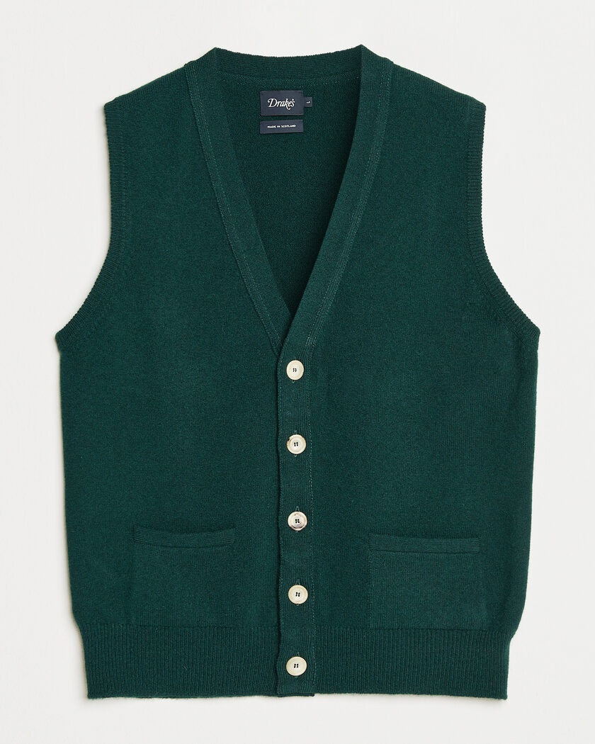 Drake's Lambswool Vest Cardigan Green – Grøn
