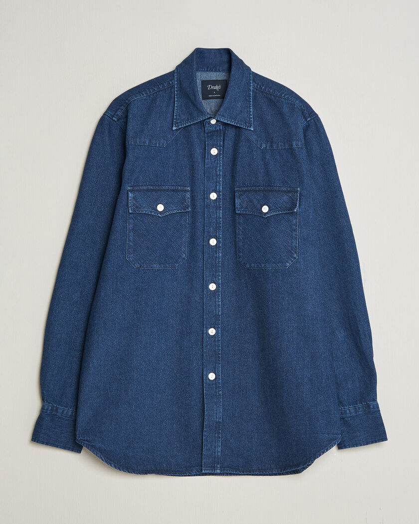Drake's Western Selvedge Denim Shirt Stone Wash Indigo – Blå
