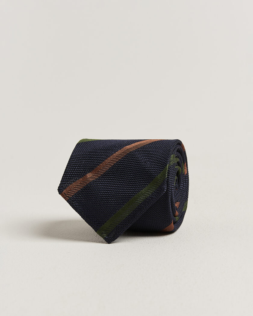 Drake's Multistripe Grenadine Silk Tie Navy/Green/Brown – Blå