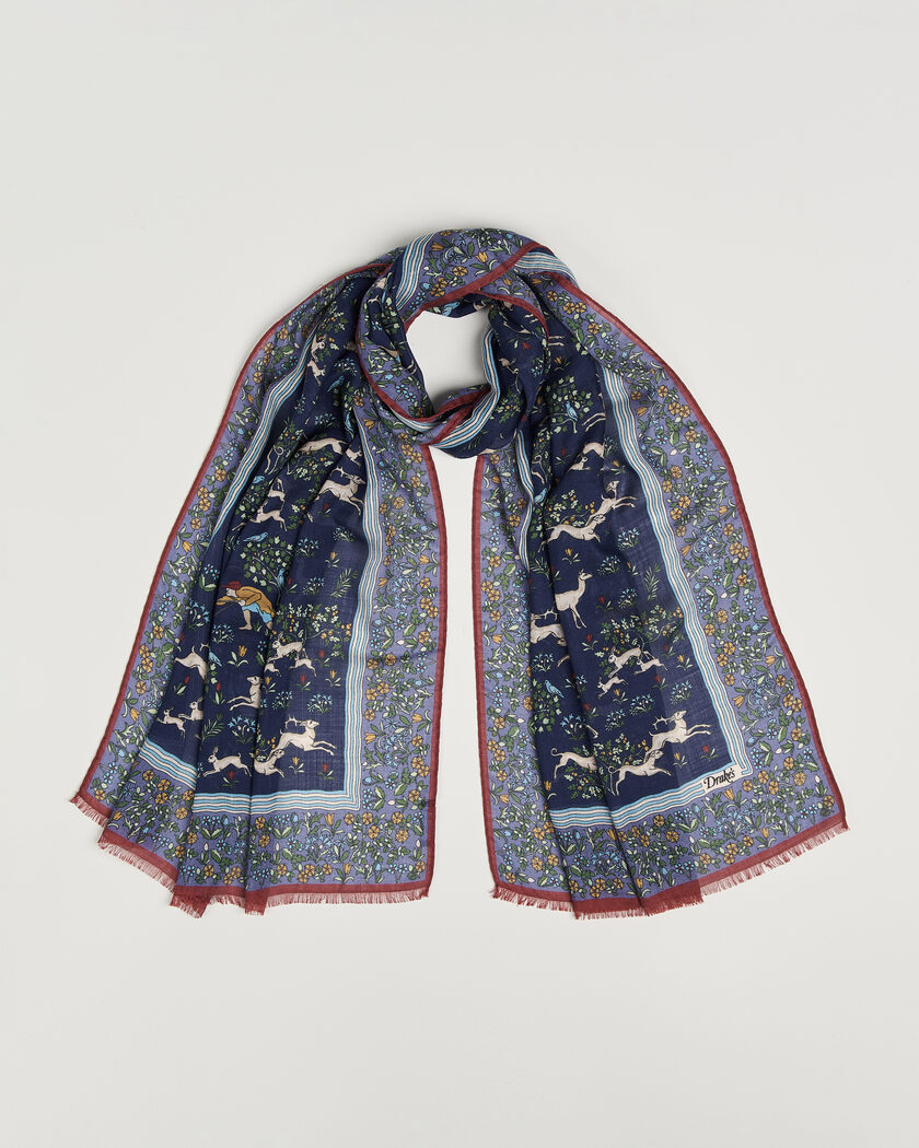 Drake's Archival Animals Wool/Silk Scarf Navy – Blå
