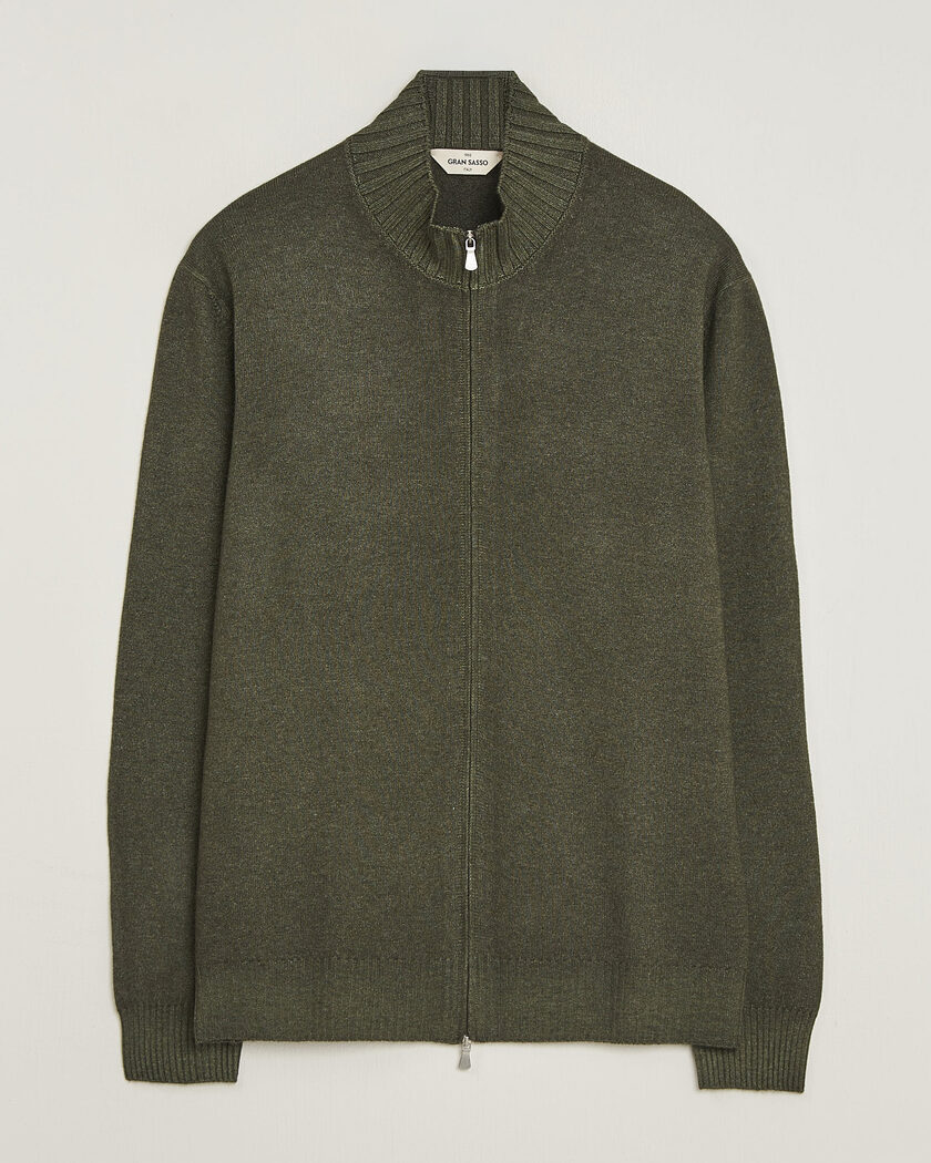 Gran Sasso Wool/Cashmere Washed Full Zip Olive Melange – Grøn