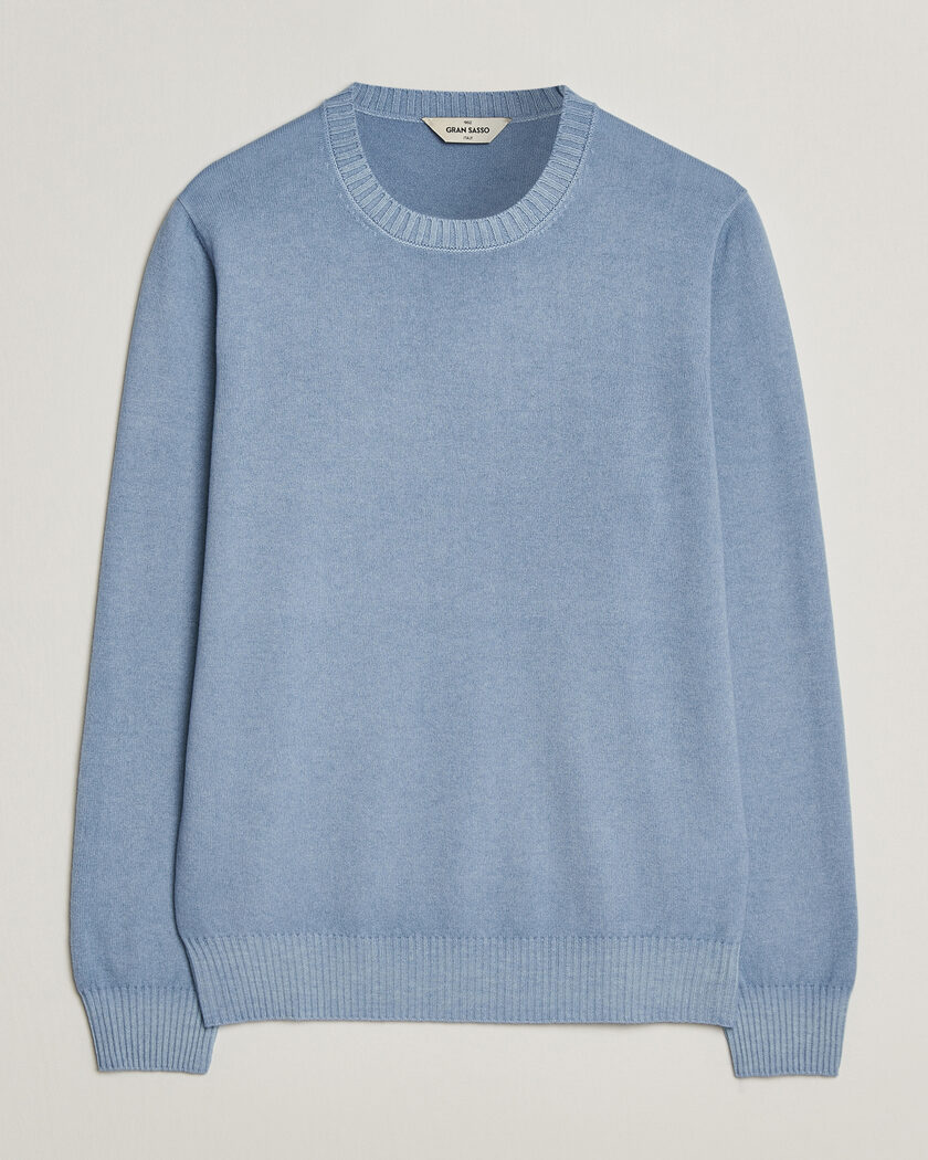 Gran Sasso Wool/Cashmere Washed Crew Neck Blue Melange – Blå