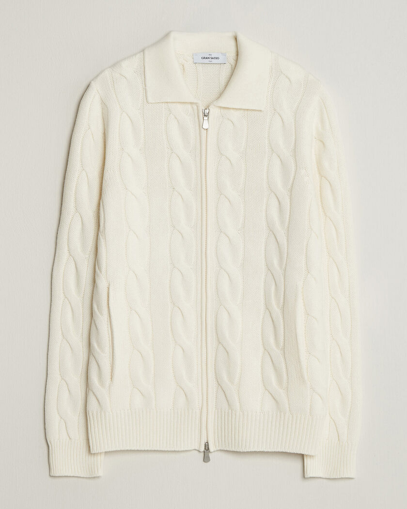 Gran Sasso Wool/Cashmere Cable Full Zip Cream – Hvid
