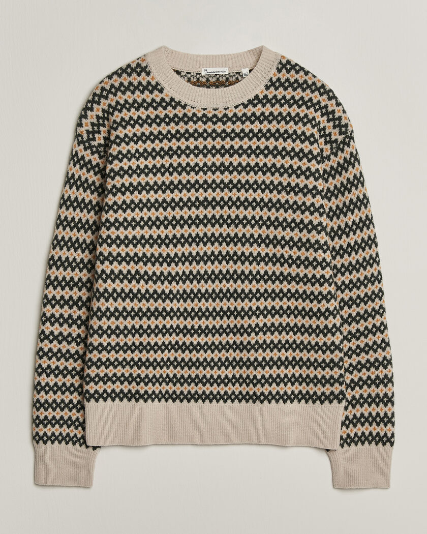 KnowledgeCotton Apparel Lambswool Jaquard Sweater Green – Flerfarvet