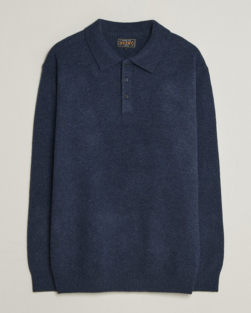BEAMS PLUS Knitted Wool Polo Navy – Blå