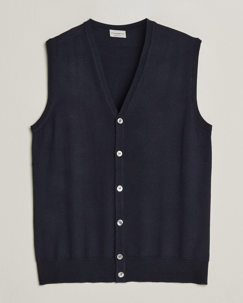 Morgano Extra Fine Merino Wool Sleevles Cardigan Vest Navy – Blå