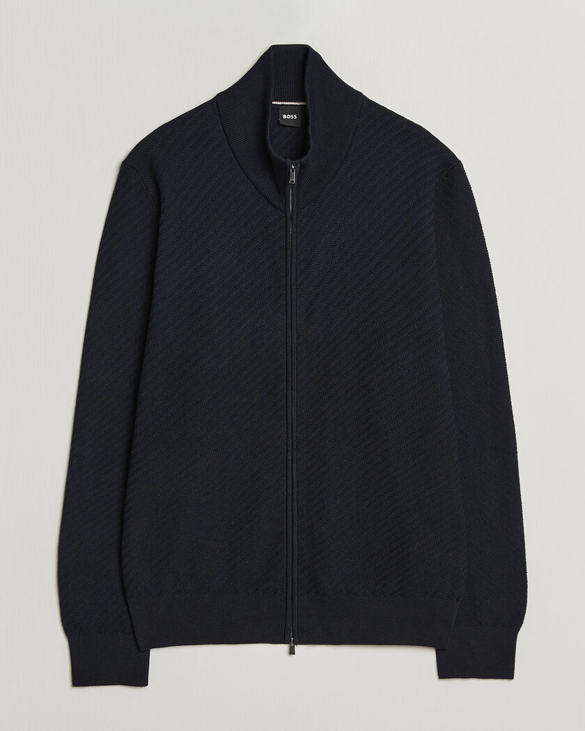 BOSS BLACK Loretti Cotton Knitted Full Zip Dark Blue – Blå