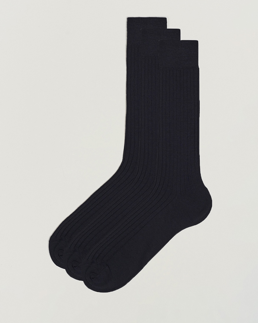 Bresciani 3-pack Wool/Nylon Ribbed Short Socks Navy – Blå