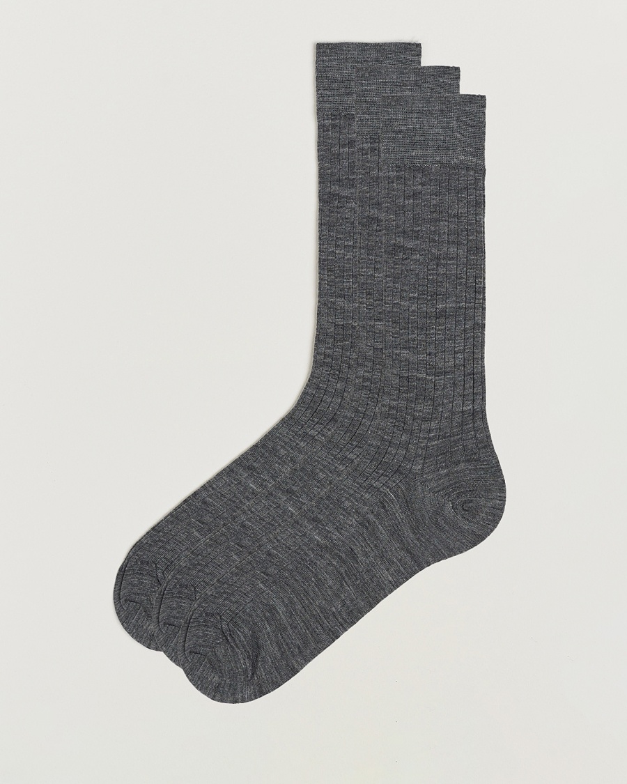 Bresciani 3-pack Wool/Nylon Ribbed Short Socks Medium Grey – Grå