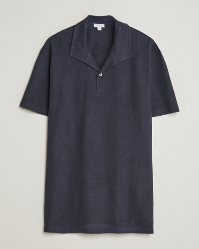 Sunspel Cotton/Linen Pique Polo Navy