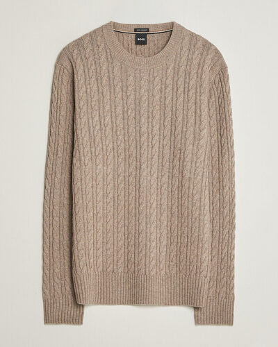 BOSS BLACK Furlan Wool/Cashmere Cable Crew Neck Open Brown