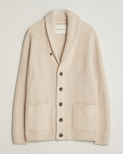 Gant Wool/Cotton Ribbed Shawl Collar Cardigan Light Beige