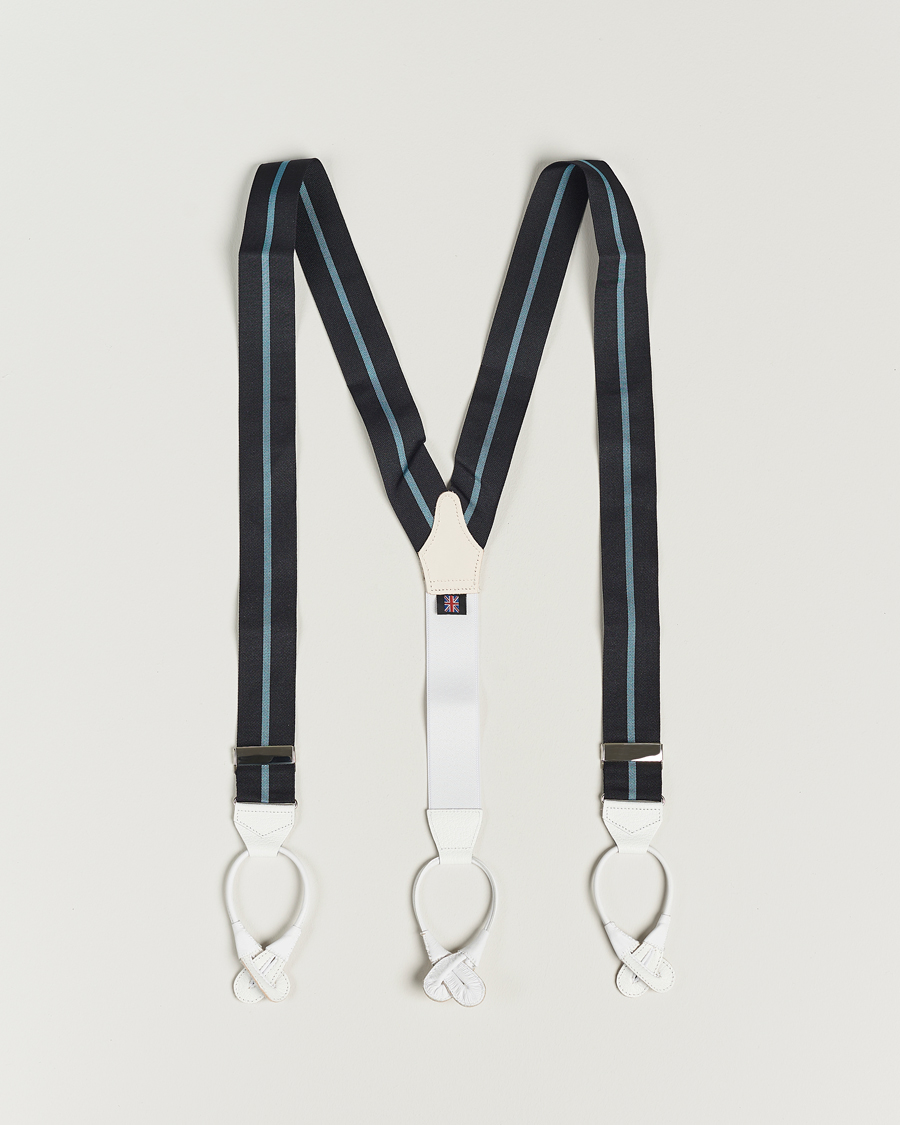 Herre | Albert Thurston Thin Stripe Braces 40mm Black/Sky | Albert Thurston | Thin Stripe Braces 40mm Black/Sky