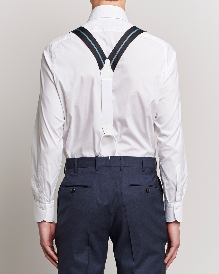 Herre | Albert Thurston Thin Stripe Braces 40mm Black/Sky | Albert Thurston | Thin Stripe Braces 40mm Black/Sky