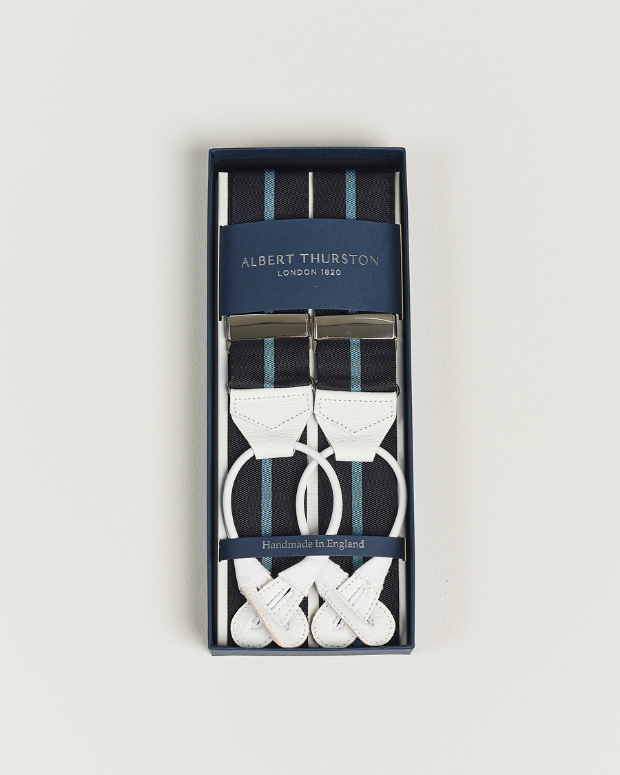 Herre | Albert Thurston Thin Stripe Braces 40mm Black/Sky | Albert Thurston | Thin Stripe Braces 40mm Black/Sky