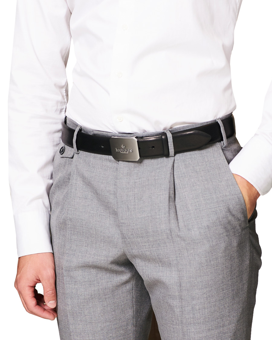 Herre | Morris Plated Logo Leather 3,5 cm Belt Black | Morris | Plated Logo Leather 3,5 cm Belt Black