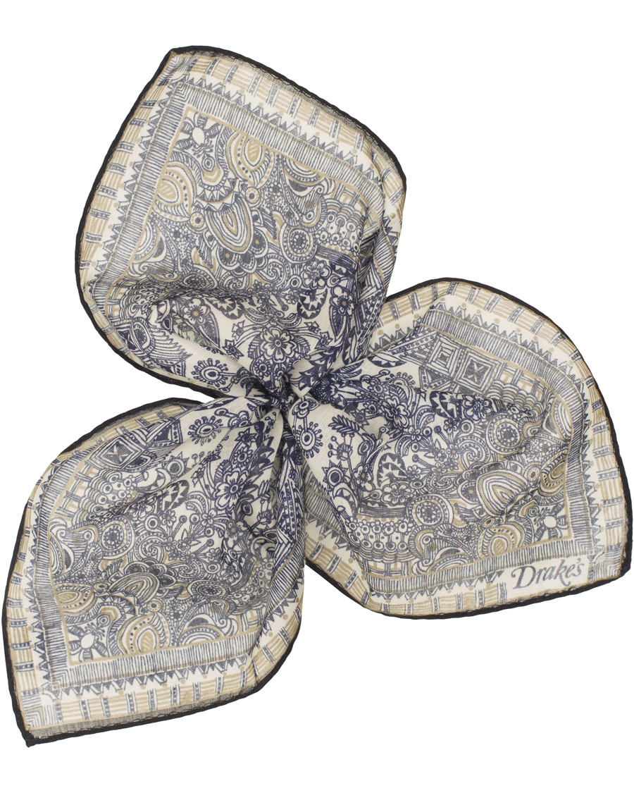 Herre | Drake's Cotton/Silk Oriental Gardens Printed Pocket Square Navy | Drake's | Cotton/Silk Oriental Gardens Printed Pocket Square Navy