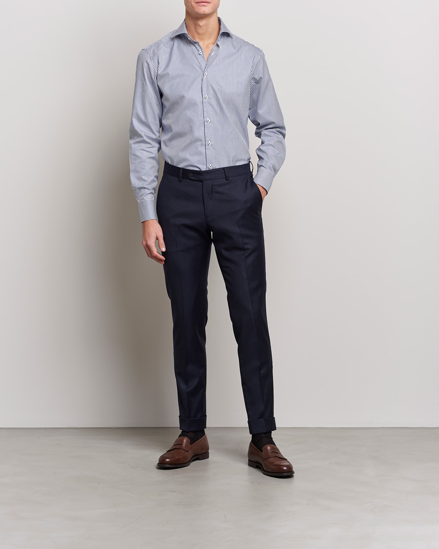 Men | Business Shirts | Stenströms | Fitted Body Stripe Shirt White/Blue