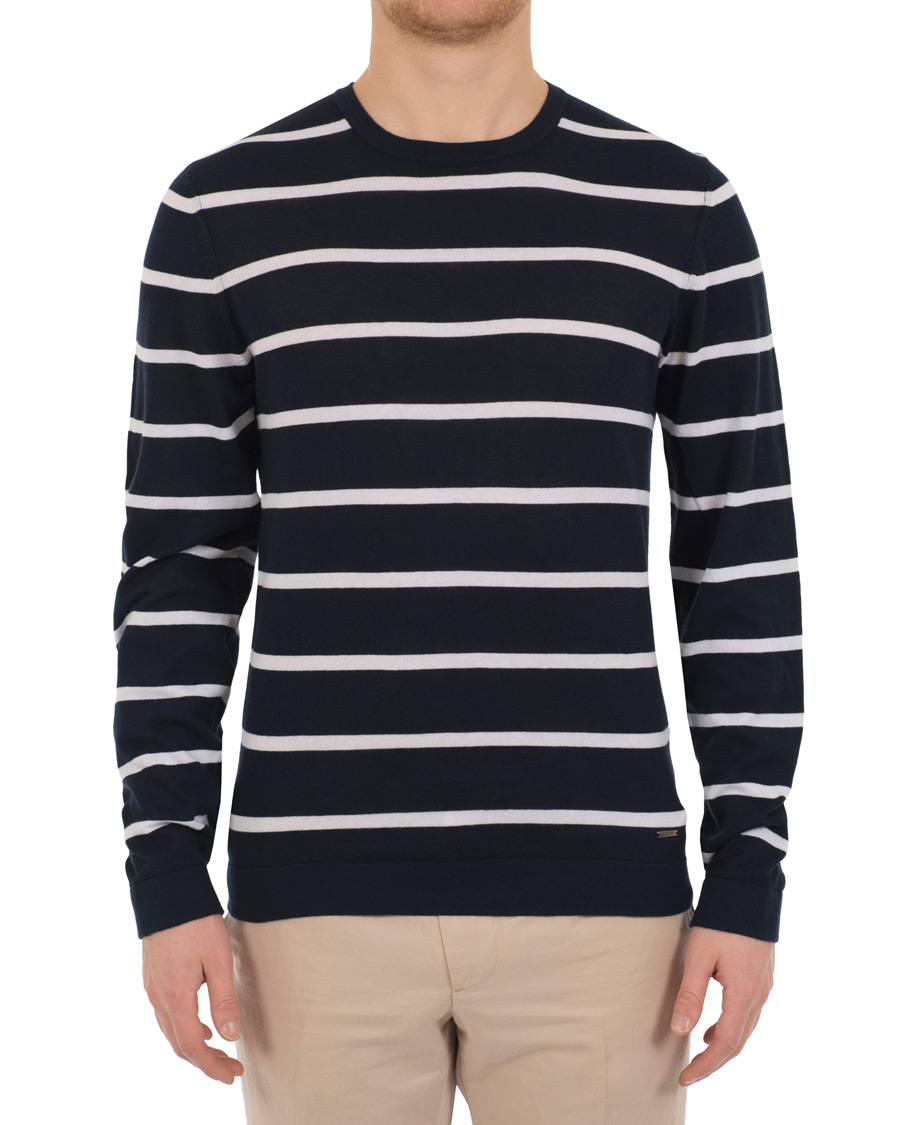 Herre | Trøjer | HUGO | Simun Stripe Knitted Crew Neck Navy/White