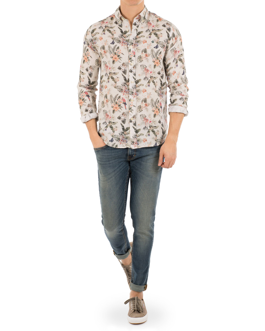 Herre | Skjorter | Morris | Bennet Linen Printed Flower Shirt White
