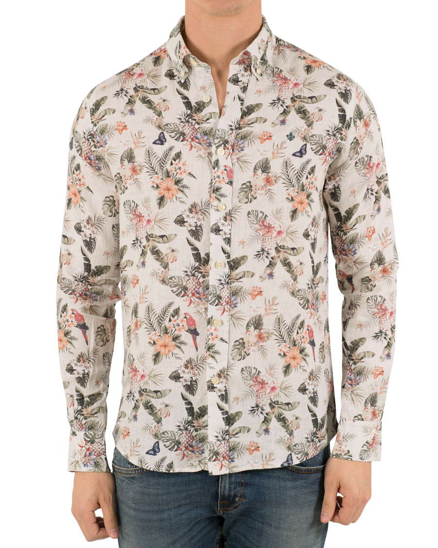 Herre | Skjorter | Morris | Bennet Linen Printed Flower Shirt White