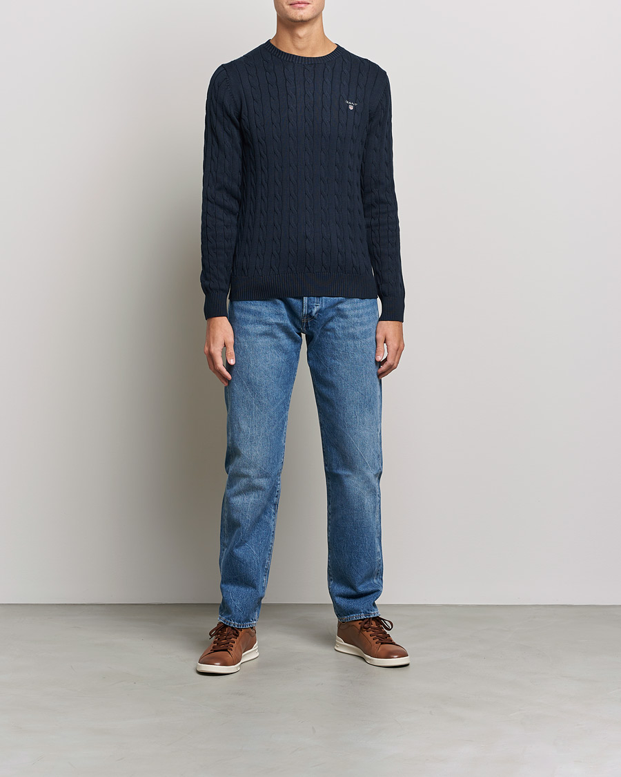 Herre | Trøjer | GANT | Cotton Cable Crew Neck Pullover Evening Blue