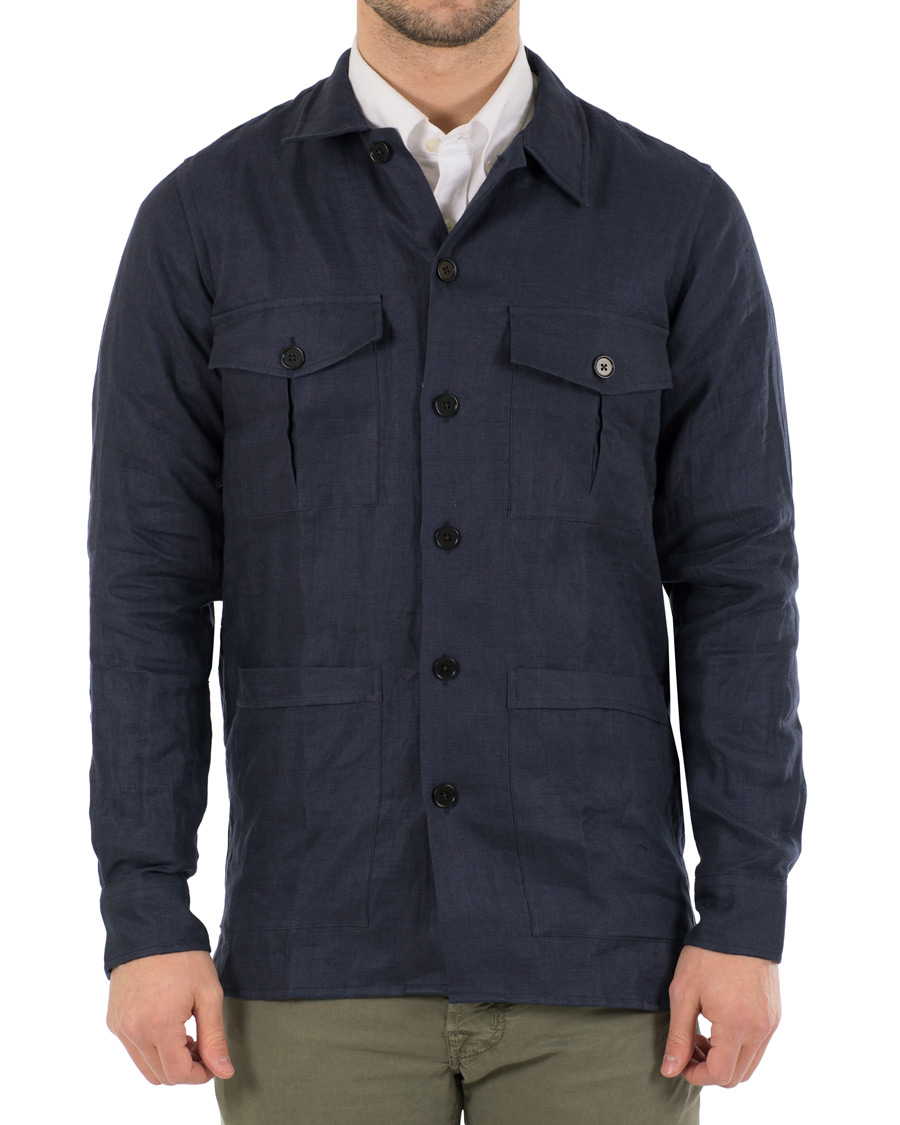 Herre | Skjorter | Drake's | Linen Safari Schacket Navy